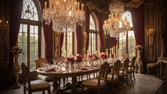 An opulent dining room with a stunning chandelier exuding vintage glamour.