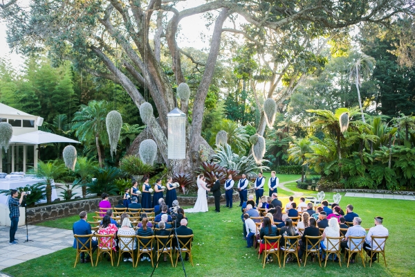 A delightful garden party with a large tree in the background.