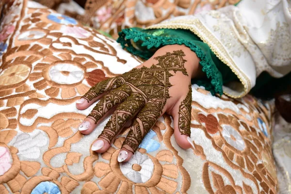 A woman's hand with Moroccan Mehndi design.